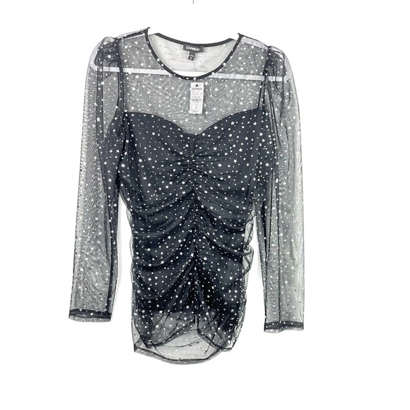 Express Tops - NEW Express Black Silver Metallic Stars Sheer Blouse Size Medium